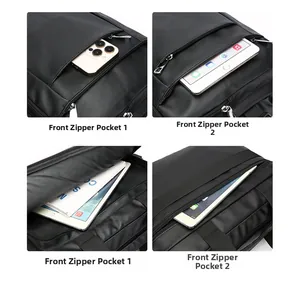 Detail of laptop bag showing multiple front zipper pockets for tablets and magazines