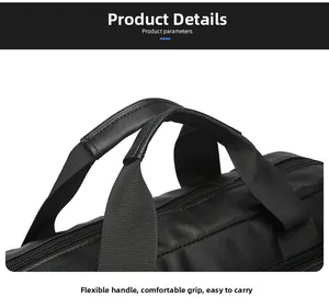 Detail van de versterkte nylon handgreep en ritsen op een professionele laptoptas voor werk