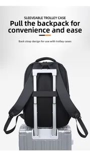 Detail showing the travel backpack back strap secured to a silver suitcase handle