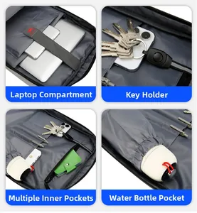 Detail of laptop compartment, key fob, internal pockets and water bottle slot