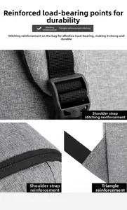 Detail showing reinforced stitching and durable plastic buckle on the gray laptop backpack