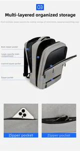 Detailed view of grey business backpack with multi-layer zipper storage compartments