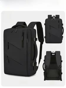 Front, side, and back views of a black professional business laptop backpack