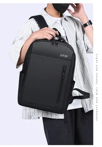 Close-up of a large black waterproof business backpack with smooth dual zippers and side pockets
