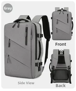 Front, side, and back views of a grey business laptop backpack with ergonomic padding
