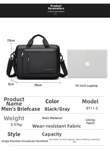 Detailed specs showing dimensions 38x29x8cm for waterproof 14-inch laptop briefcase