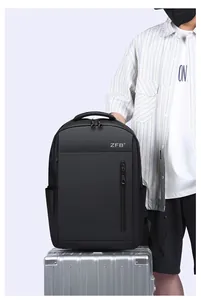 Detail of black business backpack with waterproof zipper and side pocket on luggage