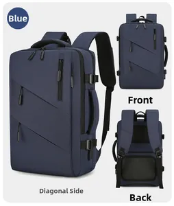 Detailed views showing the front, back and side of a blue waterproof business laptop backpack