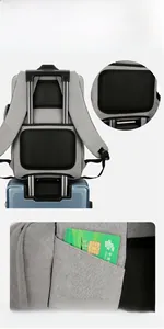 Detail view of laptop backpack featuring trolley sleeve and shoulder strap card pocket