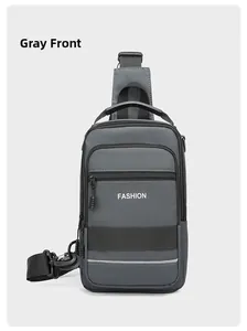 Front view of a gray men's crossbody chest bag with fashion logo and reflective strip