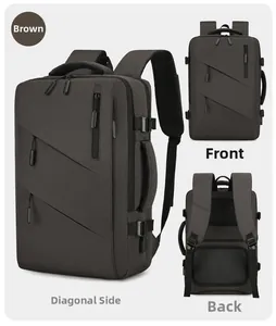 Detail multi-angle views of a deep brown business travel backpack with mesh back support