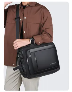Detailed close-up of a waterproof black business briefcase with adjustable strap and brand logo