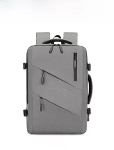 Front view of grey large-capacity travel backpack with zipper pockets and texture fabric
