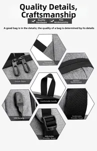 Detail view of business backpack showing USB port, reinforced handle and mesh straps