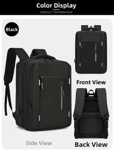 Detailed views of black business laptop backpack showing USB port and ergonomic back system