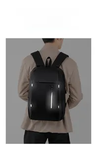 Detailed view of safety reflective stripes on the black business laptop backpack for men