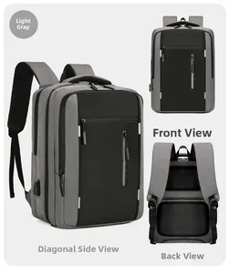 Three-view layout of travel backpack with USB port, breathable mesh back and luggage strap