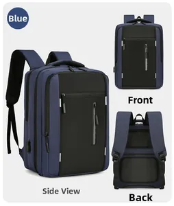 Detailed view showing front, back, and side of the blue business laptop backpack