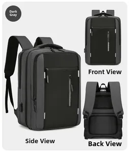 Detail view of large capacity travel backpack with USB port and multiple storage pockets