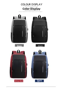 Detail of four business laptop backpacks in grey, black, burgundy and navy with USB port