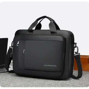 Waterproof black laptop briefcase with reinforced dual handles and adjustable strap
