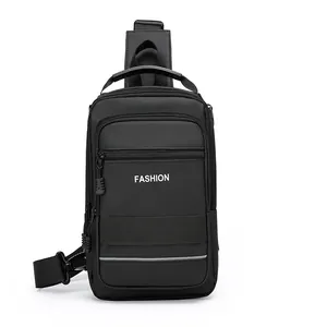Waterproof black crossbody bag for men with multiple zippers and fashion print
