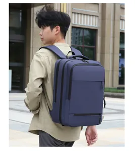 Detail of navy blue business backpack showing durable fabric and ergonomic shoulder straps