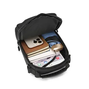Black nylon business crossbody bag showing spacious interior for tablet and daily items