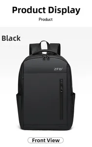 Front view of black waterproof business backpack with silver logo and side pockets