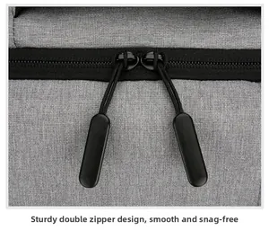 Close-up of durable double zipper design on grey fabric business travel backpack