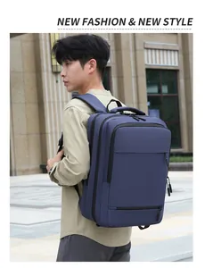 Close-up of deep blue large capacity business backpack with multi-layer compartments