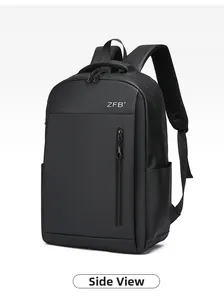 Side view detail of a black business backpack with water-resistant fabric and padded straps