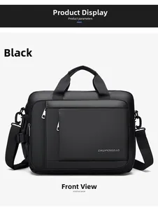 Front view of black waterproof business briefcase with sturdy handles and shoulder strap