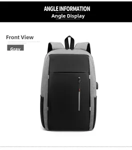 Front view of grey business laptop backpack featuring USB port and ergonomic straps