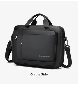 Side view of waterproof black business laptop bag with multi-zippered compartments