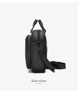 Side view of black water-resistant business laptop bag with dual handles and shoulder strap
