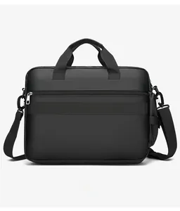 Rear view of black business briefcase featuring a luggage trolley strap and zipper pocket