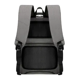 Minimalist light grey travel backpack with breathable mesh straps and luggage strap