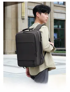Detail view of large capacity business backpack with side handle for versatile carrying