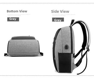 Detailed side and bottom view of grey business laptop backpack with USB charging port