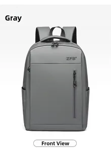 Front view of professional grey business backpack with vertical zipper and smooth texture