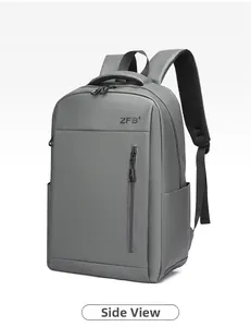 Side view of gray travel backpack with water-resistant fabric and thick S-shaped straps