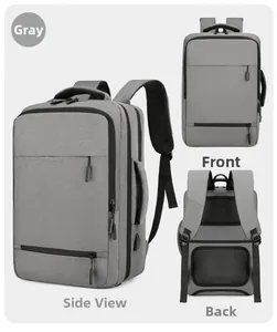 Multiple views of grey business backpack showing USB port and breathable back panel