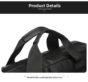 Detail of reinforced flexible carry handle on a black waterproof business laptop bag