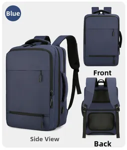 Three views of dark blue business backpack with waterproof oxford fabric and padded straps