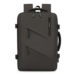Dark grey business travel backpack with dual carry handles and multiple storage compartments