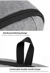 Detail of reinforced stitching and durable nylon handle on the grey business laptop backpack