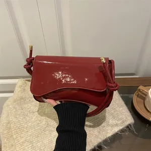 Women Vintage Patent PU Leather Shoulder Bag Asymmetric Flap Underarm Bag Glossy Square Crossbody Handbag Daily Fashion Bag