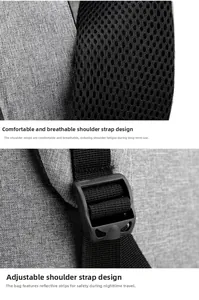 Detail of grey textured fabric with breathable honeycomb mesh straps and adjustable buckle