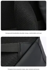 Detail of breathable honeycomb mesh shoulder straps and reinforced triangular stitching